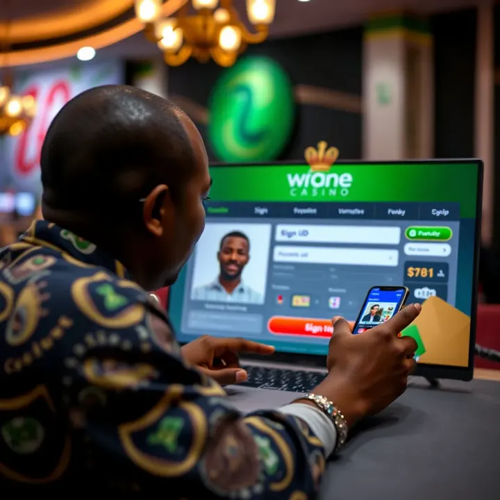 A person engaging with an online casino platform on a laptop with Nigerian currency symbols