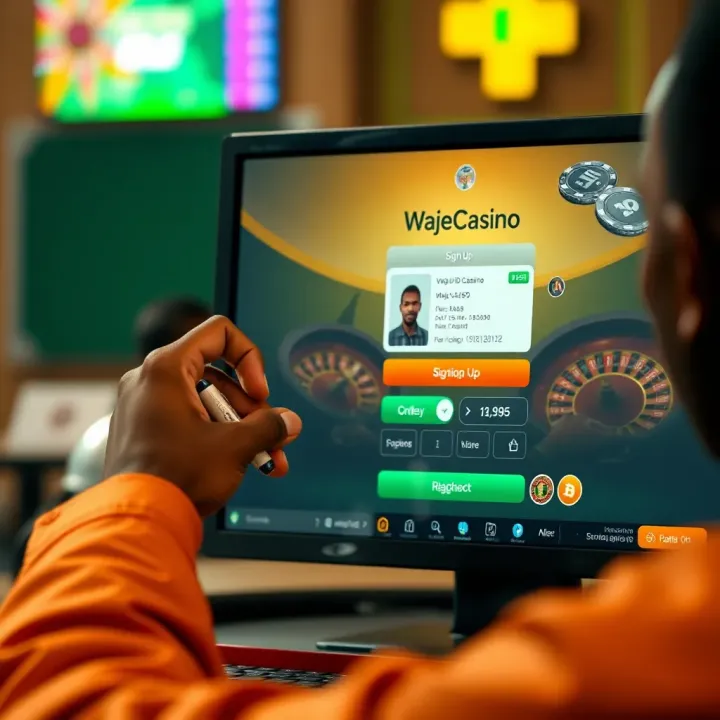 WajeCasino App Interface on Mobile Device in Nigeria Mobile phone displaying WajeCasino app interface with Nigerian flag backdrop